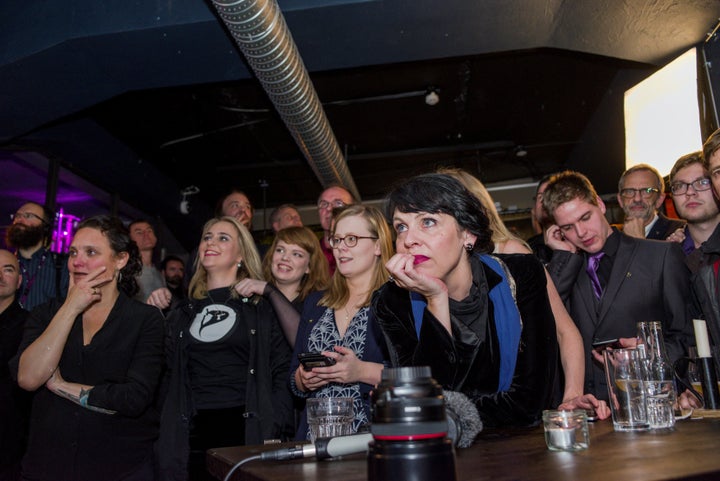 Birgitta Jonsdottir of the Pirate Party is seen alongisde party members after parliamentary elections in Iceland, October 29, 2016.