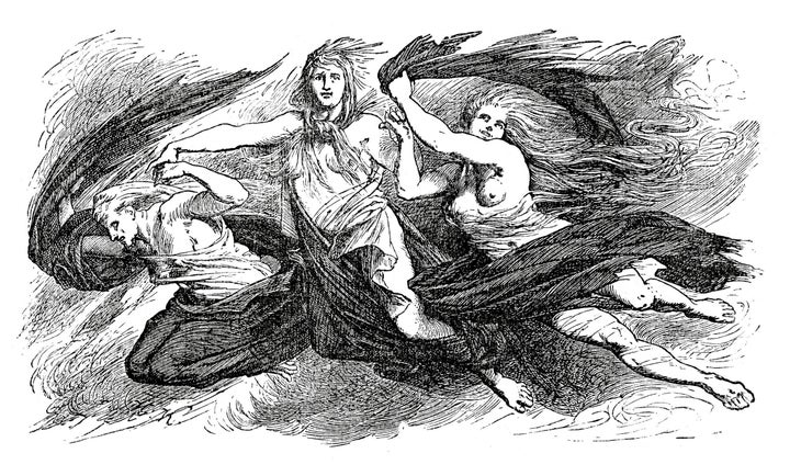 Vintage engraving of the three witches from Shakespeare's Macbeth 