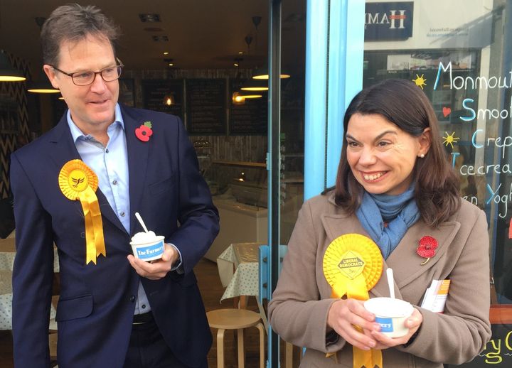 <strong>Nick Clegg, left, and Sarah Olney, right, launch their byelection campaign outside a frozen yoghurt store in Richmond</strong>