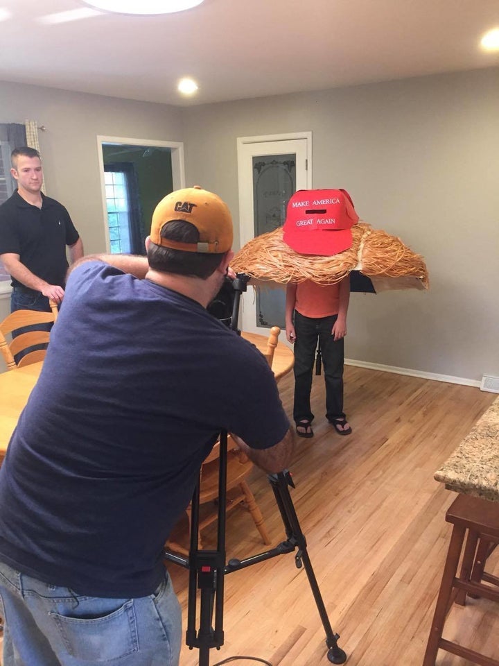 The giant “Make America Great Again” hat is made of poster board.