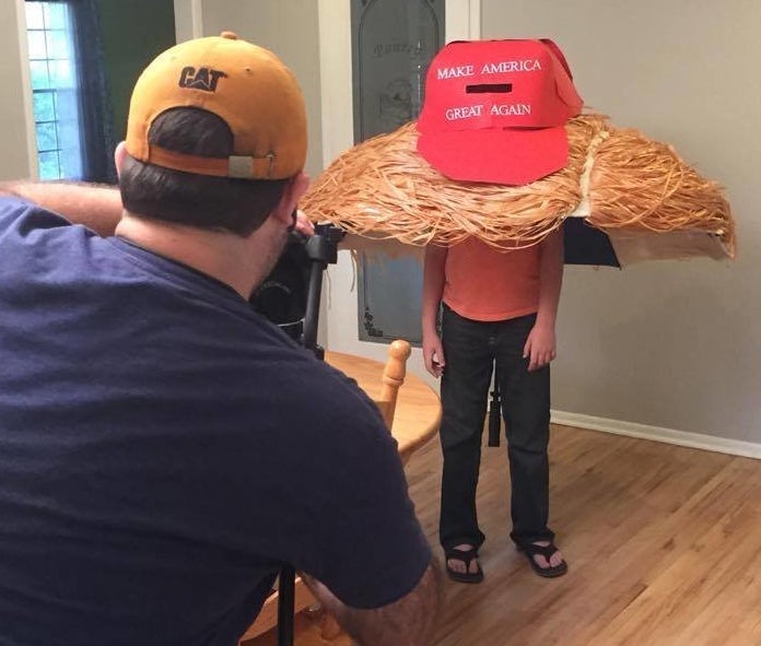 The giant “Make America Great Again” hat is made of poster board.