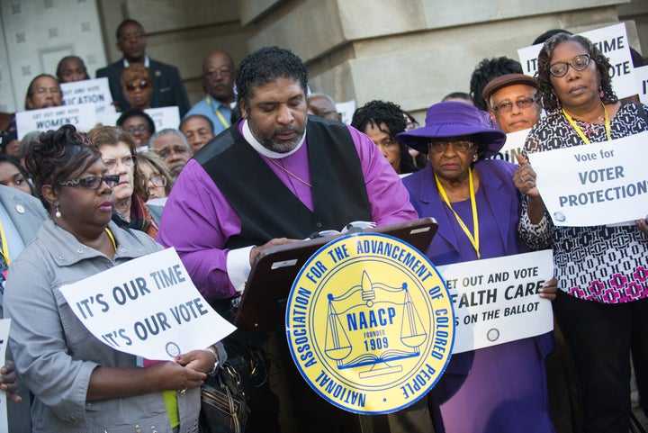 Rev. William Barber of the NAACP holds a press conference last week in Raleigh, North Carolina, to highlight voting rights and voter suppression.