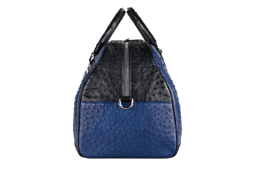 The Madison Sports Bag in Iris Blue & Black Ostrich