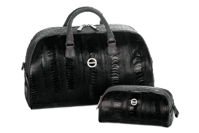 The Madison Duffle Set in Black Ostrich Leg & Anthracite Ostrich