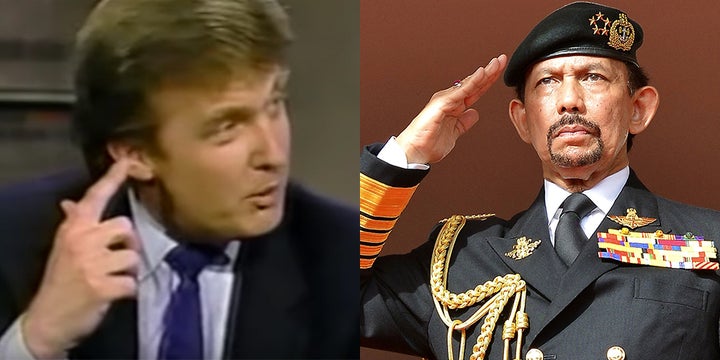 Left: Donald Trump on David Letterman Show in 1988 discussing buying a boat from the Sultan of Brunei to cover tracks for doing business with notorious arms dealer Adnan Kashoggi.