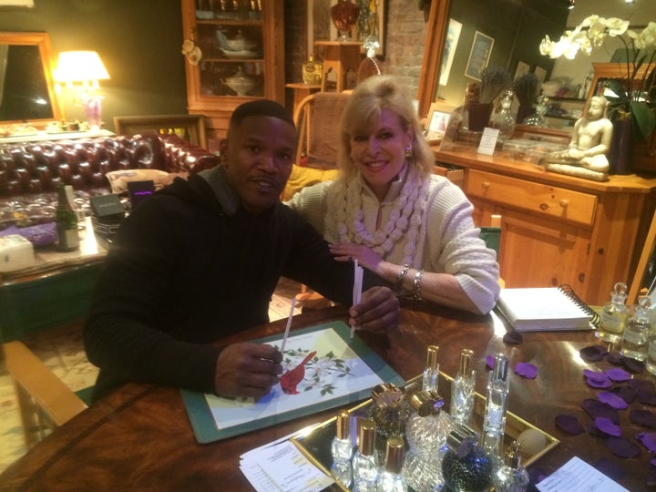 <p>Jamie Foxx, Singer, Actor, Musician with Sue at The Scentarium</p>