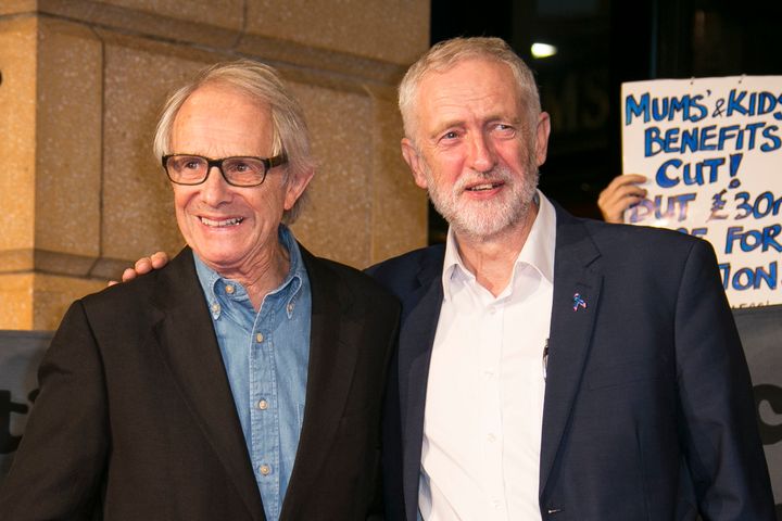 <strong>Director Ken Loach, left, and leader of Britain's Labour Party, Jeremy Corbyn, pose together for photographers upon their arrival at the premiere of the film 'I, Daniel Blake'.</strong>
