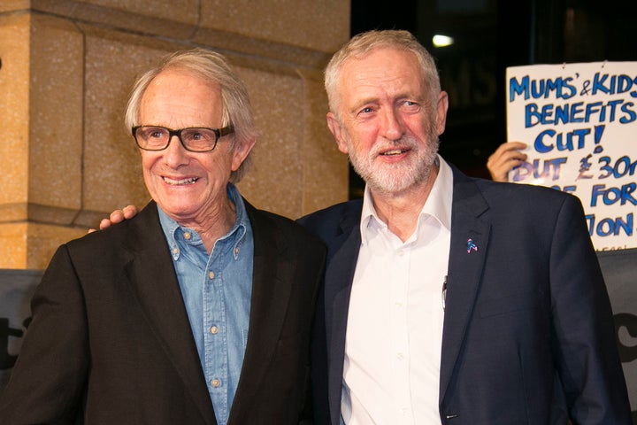 Director Ken Loach, left, and leader of Britain's Labour Party, Jeremy Corbyn, pose together for photographers upon their arrival at the premiere of the film 'I, Daniel Blake'.