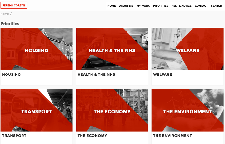 The doors to many, many words on Jeremy Corbyn's official website.