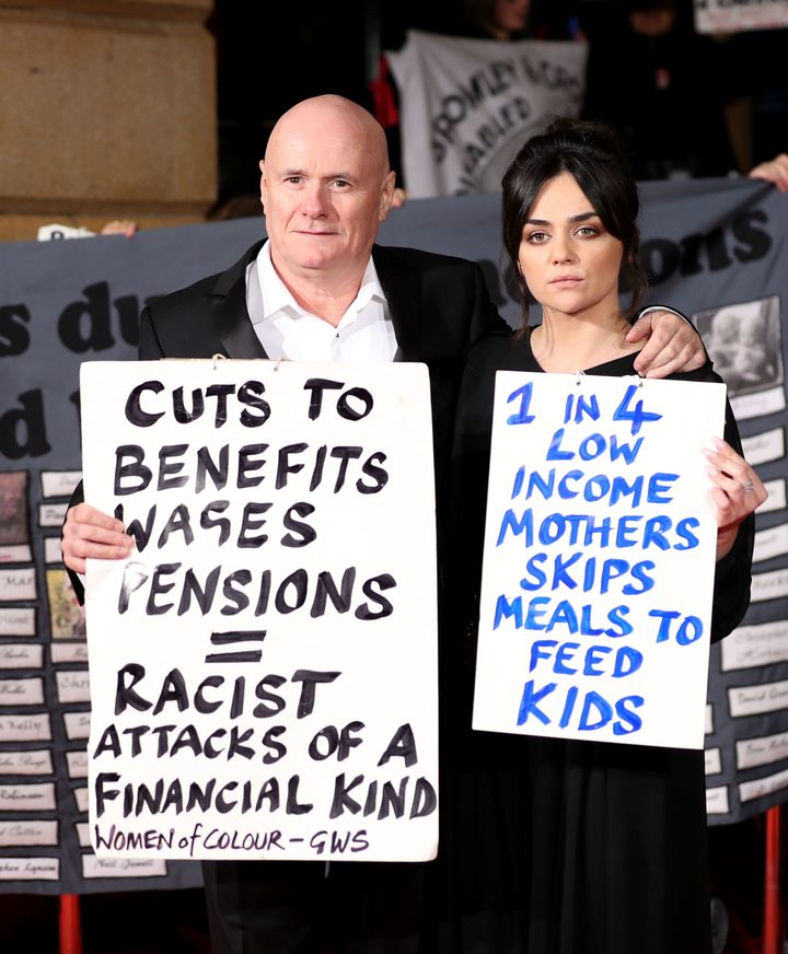 Dave Johns and Hayley Squires from 'I, Daniel Blake' protest at the premiere of the film in London last month