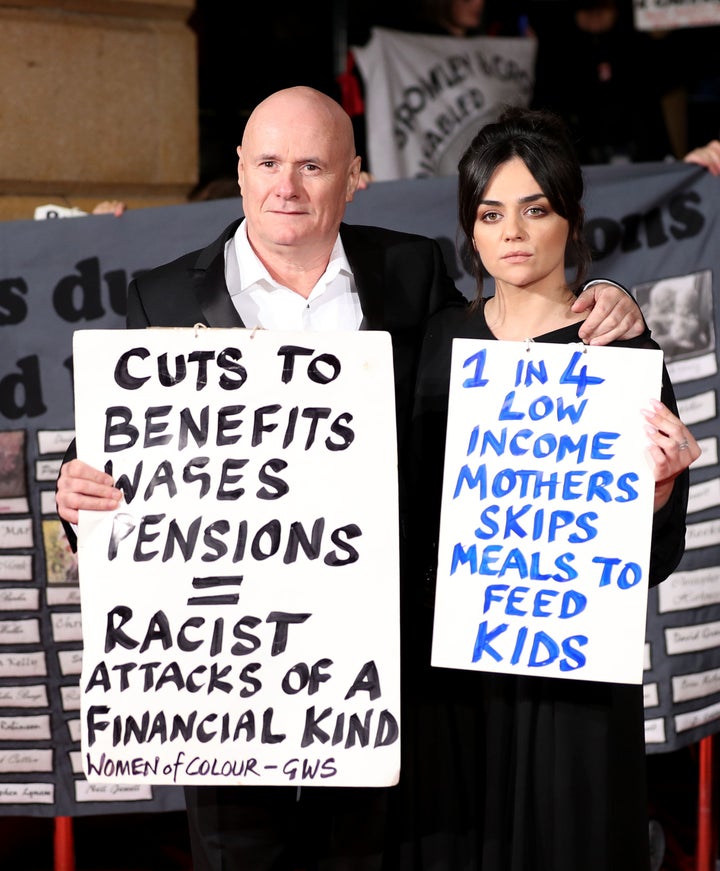 <strong>Dave Johns and Hayley Squires from 'I, Daniel Blake' protest at the premiere of the film in London last month</strong>
