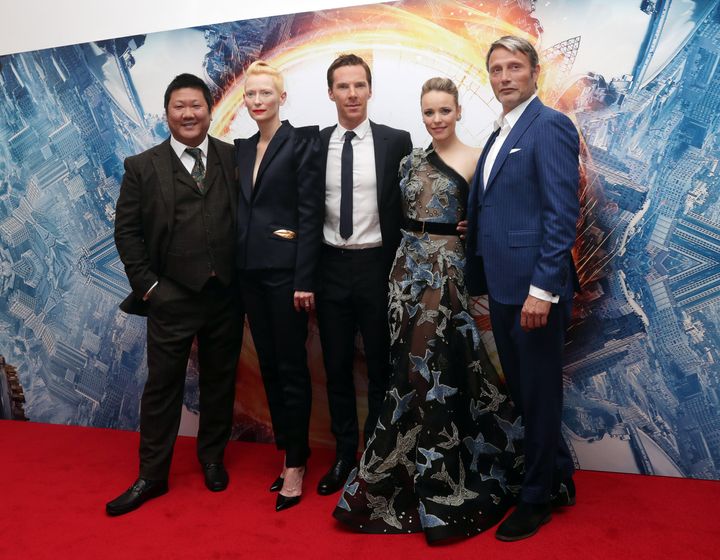 <strong>Mads with his fellow 'Doctor Strange' stars Benedict Wong, Tilda Swinton, Benedict Cumberbatch and Rachel McAdams</strong>