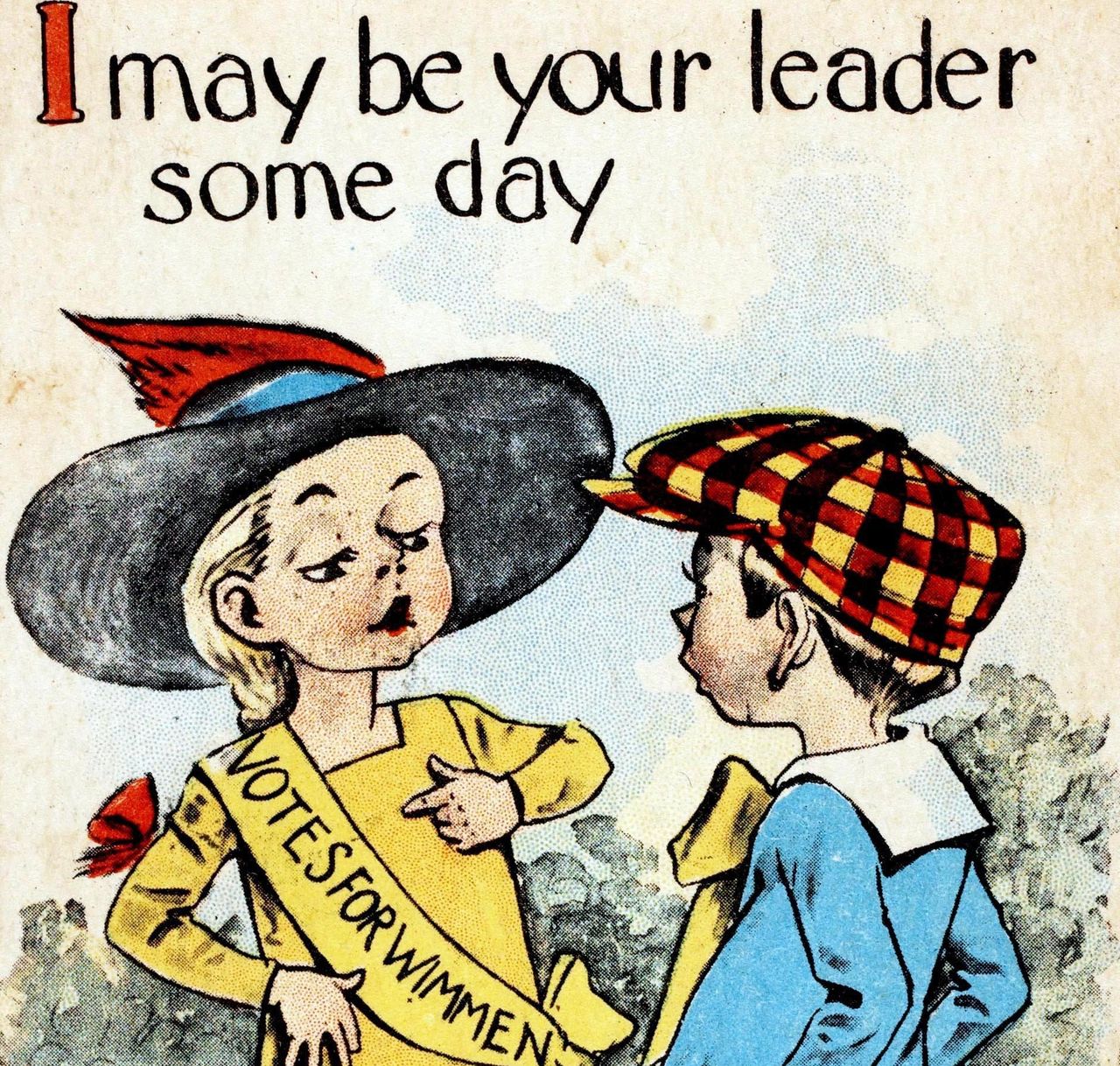 A 1912 color illustration of a girl wearing a yellow banner which has "Votes for Wimmen." 