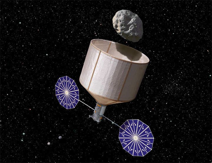 The original Asteroid Redirect Mission concept, as envisioned by the Keck Institute, uses a large capture bag to enclose a small asteroid. NASA has since opted for a claw mechanism that would pluck a small boulder off the surface of a larger asteroid.