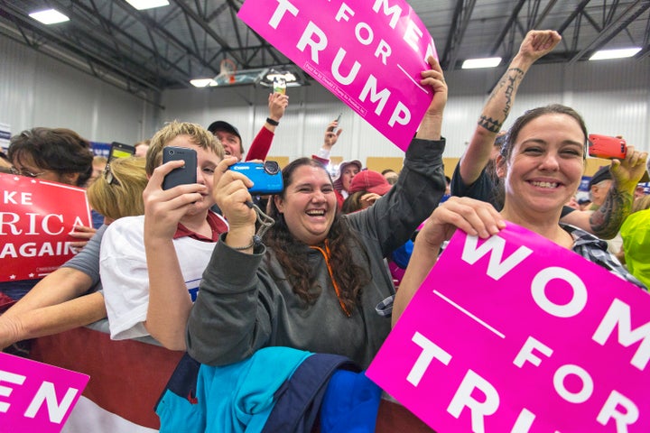 Trump supporters go wild as their candidate speaks at the Open Door Christian Academy in Lisbon, Maine.