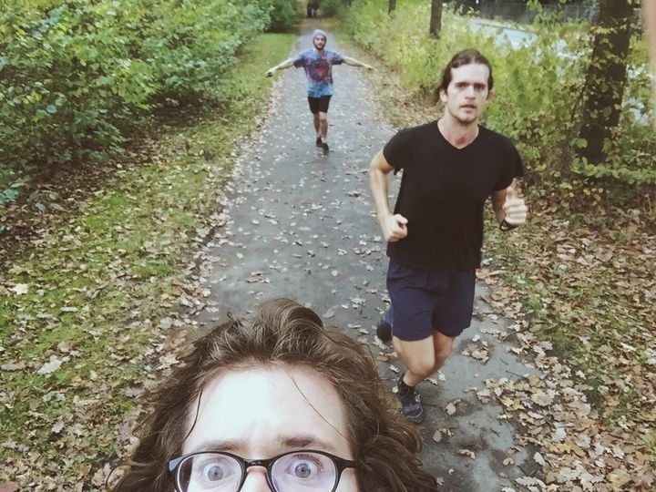 Jesse and Dylan Kongos on a run in Hamburg, Germany, with stage manager and rapper Mo Gordon