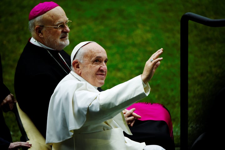 Pope Francis and Sweden's Catholic bishop Anders Arborelius arrive to Malmo arena for a Catholic mass, Sweden Nov. 1.