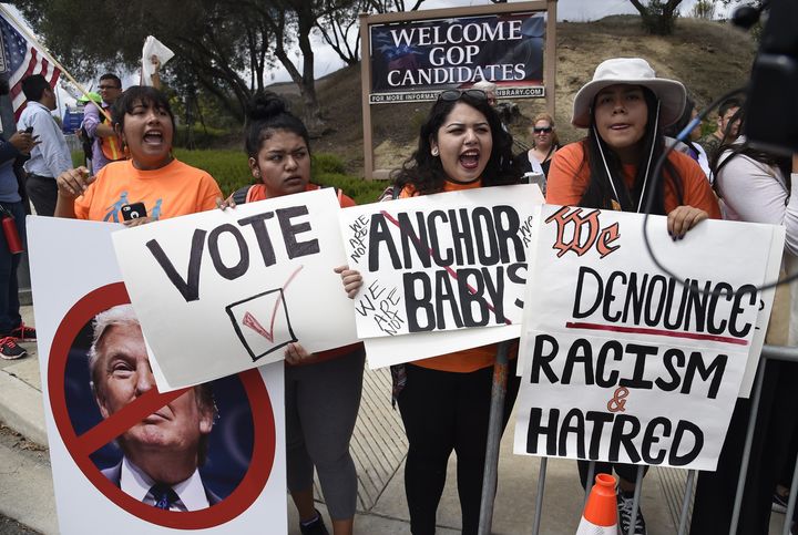 Latinos, immigration and workers' rights advocates, and their supporters protest against Donald Trump in the Los Angeles area in September 2015.