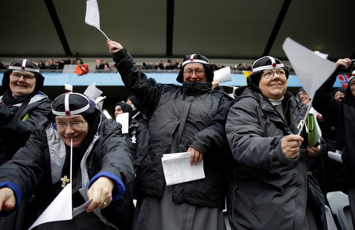 Nuns from the Order of SS. Savior of Saint Bridget of Sweden are seen as Pope Francis arrives to leads a Holy Mass at the Swe