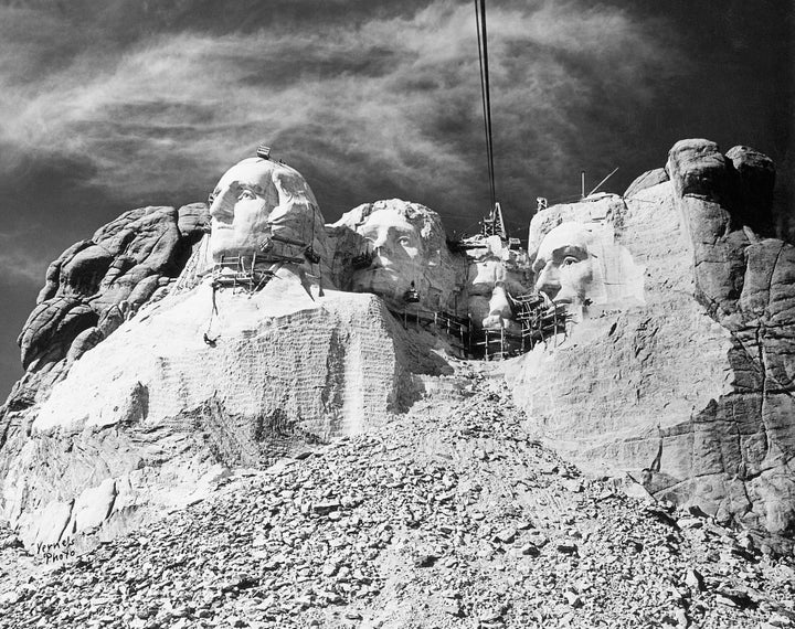 Workers in progress at Mount Rushmore, circa 1940.