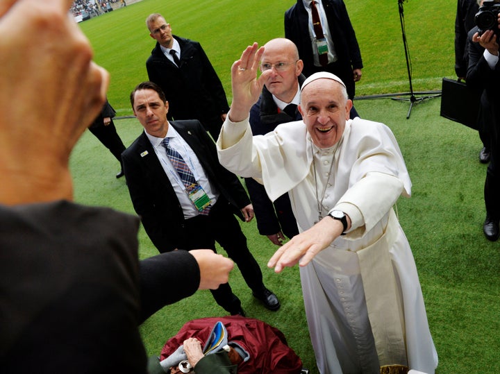 Pope Francis arrives to Malmo arena for a Catholic mass, Sweden Nov. 1.