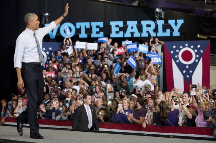President Barack Obama arrives to speak during a campaign event for Democratic Presidential nominee Hillary Clinton in Columb