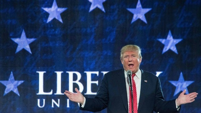 Donald Trump delivering a speech at Liberty University in January, 2015.