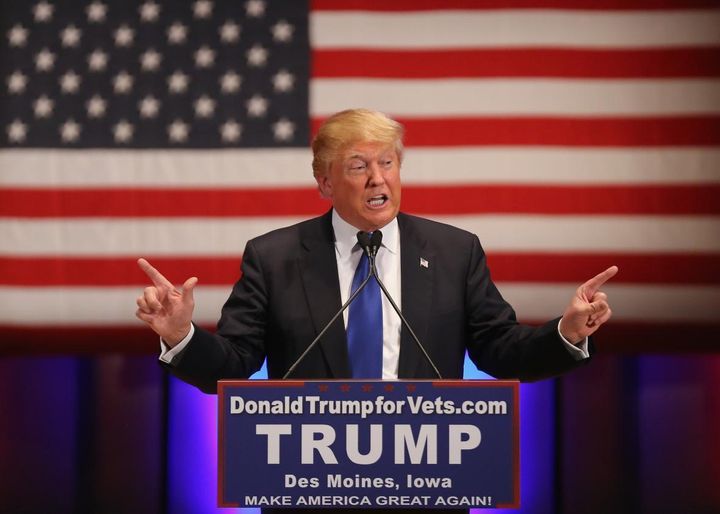 Republican Presidential candidate Donald Trump delivering a speech at Drake University on January 28, 2016
