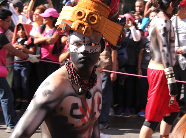 Pre-Hispanic style at the Day of the Dead parade in Mexico City.