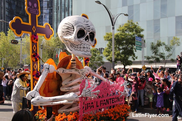 Giant skeleton on the roll at the first Mexico City Day of the Dead parade.