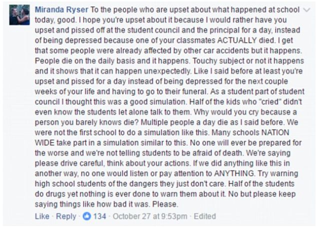 <strong>One of the 'dead' students took to Facebook to defend their actions </strong>