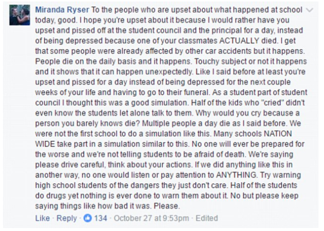 One of the 'dead' students took to Facebook to defend their actions 