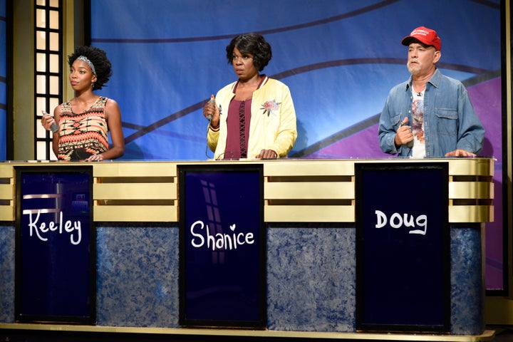 Sasheer Zamata, Leslie Jones and Tom Hanks in the "Black Jeopardy" sketch on "Saturday Night Live" last month. 