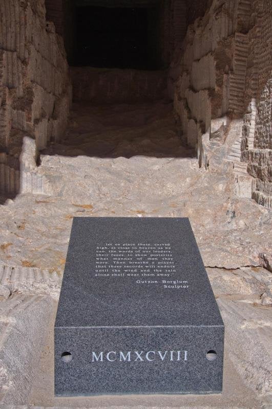 The repository is protected by a granite covering, etched with words from designer Gutzon Borglum. 