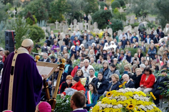 Pope Francis leads a Mass on the occasion of All Souls' Day at the Prima Porta Cemetery in Rome, Italy Nov. 2.