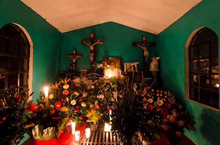 A view of an offering at San Gregorio Atlapulco cemetery during the Day of the Dead celebration known as Dia de los Muertos.