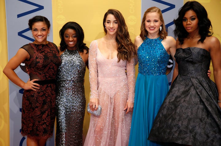 Olympic gymnasts (L-R) Laurie Hernandez, Simone Biles, Aly Raisman, Madison Kocian and Gabby Douglas.