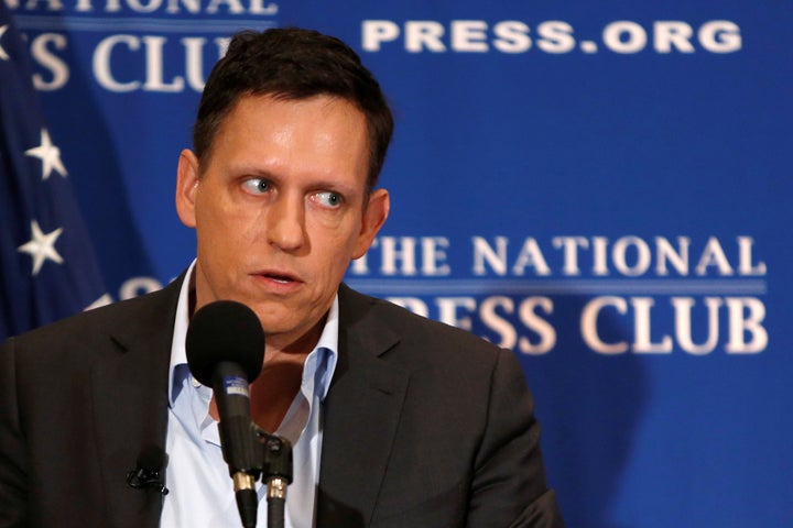 Peter Thiel delivers a speech at the National Press Club in Washington on Monday.