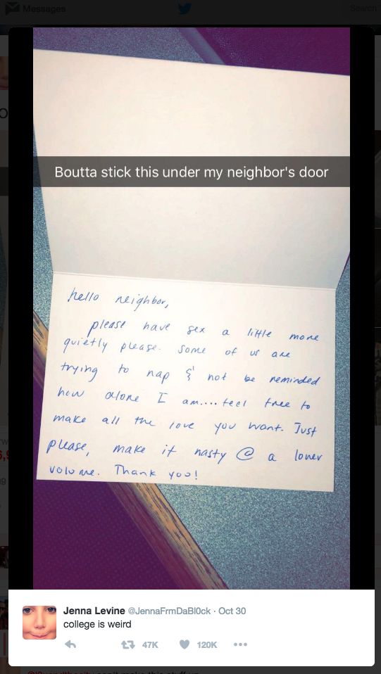Levine was forced to send her neighbours a note after their kinky antics kept her up all night