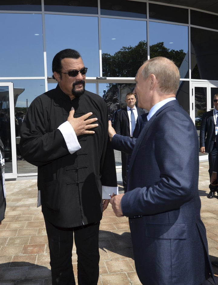 Steven Seagal met with Russian President Vladimir Putin at an oceanarium at Russky Island in the far eastern city of Vladivostok, Russia, last year.