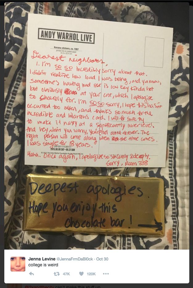 The couple even sent their young neighbour a bar of chocolate as an apology