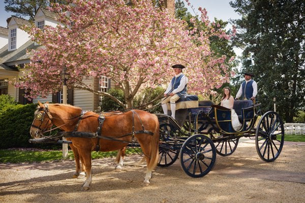 An 18th-century-themed wedding at Colonial Williamsburg in Williamsburg, Virginia: Have your hubby-to-be and his groomsmen blow off some steam at the educational musket range while you and your flock of merry ‘maids enjoy a 17th-century Detoxifying Herbal Wrap & Hot Stone Massage or the 18th-century Colonial Orange & Ginger Scrub & Massage at the Spa of Colonial Williamsburg. Make a grand entrance via horse-drawn carriage as guests marvel at your dress (go vintage!). You may even choose for your man to don handmade petticoats and a cap for the big day.