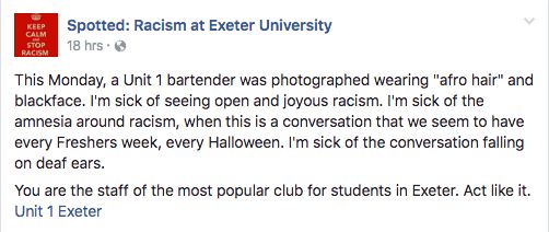 <strong>The image appeared on a Facebook group dedicated to discussing racism at Exeter Universi</strong>ty