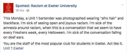 The image appeared on a Facebook group dedicated to discussing racism at Exeter University