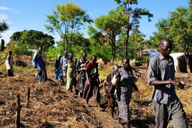 South Sudanese refugees travel through fields and the bush to their new plots. About 250 families were given plots at Maaji refugee settlement, where numerous refugees were already living.