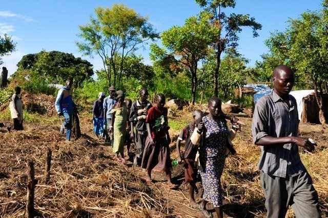 South Sudanese refugees travel through fields and the bush to their new plots. About 250 families were given plots at Maaji r