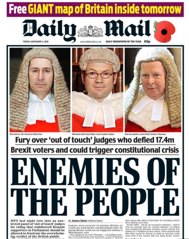 How the Daily Mail reported three High Court judges ruling parliament had to be consulted before Article 50 was triggered