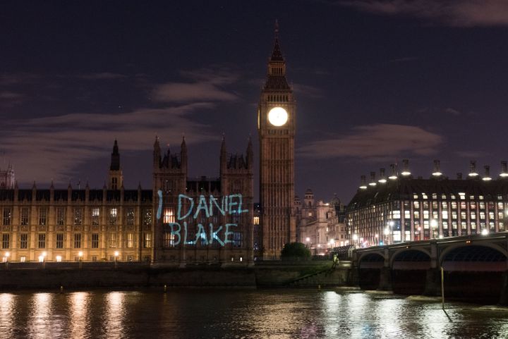 'I, Daniel Blake' is projected on to the Houses of Parliament just before the film premiered in October
