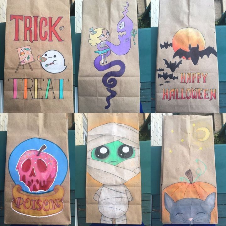 Angela Harvey draws fun themed illustrations on her son's lunch bags. 