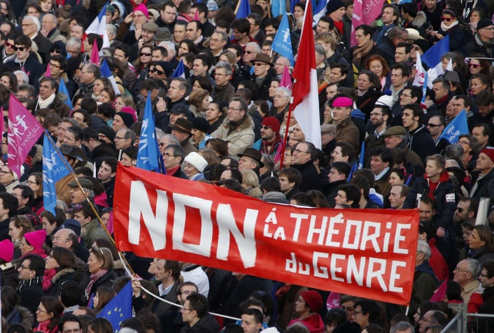 French protestors say “No to gender theory” at a 2014 march.